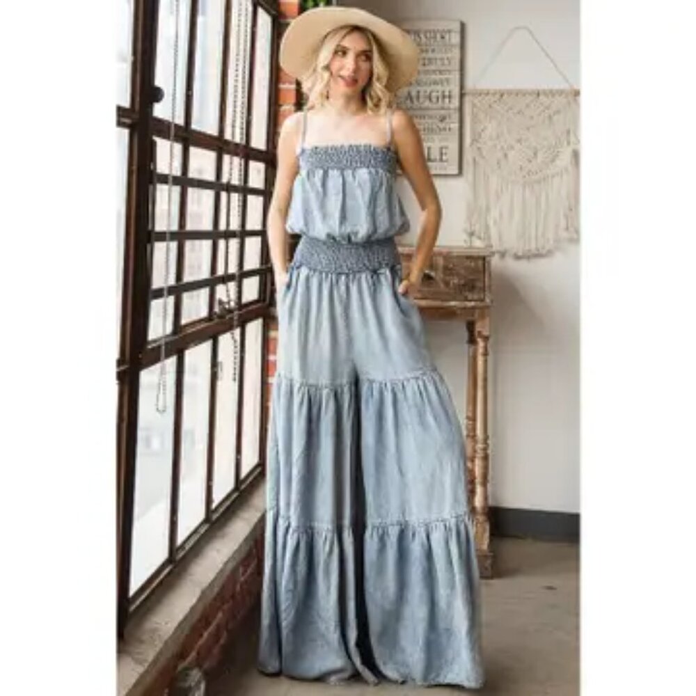 The Oli & Hali Washed Smocked Ruffled Wide Leg Jumpsuit Size Medium - Picture 5 of 10